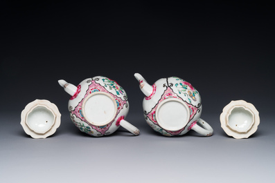 A pair of Chinese famille rose teapots with floral design, Qianlong