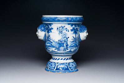 A Dutch Delft blue and white jardiniere depicting Saint Willibrord and John the Baptist, 18th C.