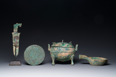 A group of four Chinese archaic bronze wares, late Shang, Warring States and Han