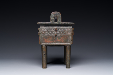 A Chinese Western Zhou-style rectangular bronze 'fangding' censer, Ming