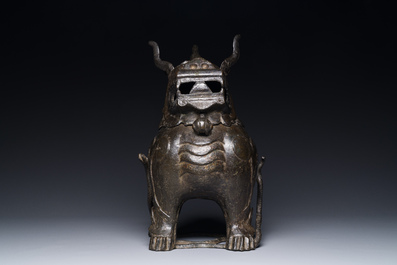 A large Chinese bronze censer and cover in the shape of a luduan, Ming
