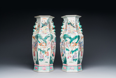 A pair of Chinese hexagonal famille rose vases, 19th C.