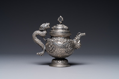 A fine Tibetan silver plated 'bajixiang' teapot, 19th C.