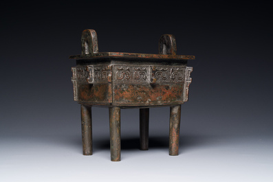 A Chinese Western Zhou-style rectangular bronze 'fangding' censer, Ming