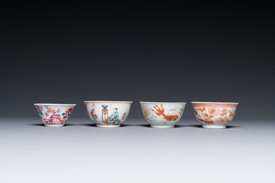 Four Chinese famille rose and iron-red cups and saucers, Yongzheng/Qianlong