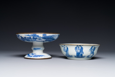 A Chinese blue and white 'Bleu de Hue' tazza and a bowl for the Vietnamese market, Shun Li Kun Ji 順利坤記 and Jin Yu Feng Ji 金玉鋒記 mark, 19th C.