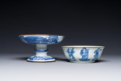 A Chinese blue and white 'Bleu de Hue' tazza and a bowl for the Vietnamese market, Shun Li Kun Ji 順利坤記 and Jin Yu Feng Ji 金玉鋒記 mark, 19th C.