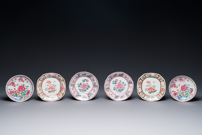 Three Chinese famille rose plates and ten saucers, Yongzheng/Qianlong