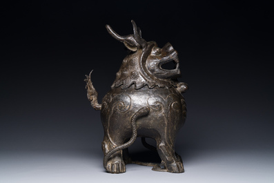 A large Chinese bronze censer and cover in the shape of a luduan, Ming