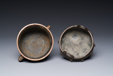 Two Chinese bronze censers, Xuande mark, Yuan/Ming