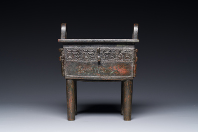 A Chinese Western Zhou-style rectangular bronze 'fangding' censer, Ming