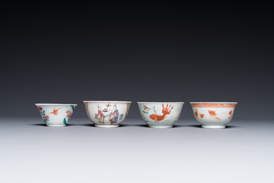 Four Chinese famille rose and iron-red cups and saucers, Yongzheng/Qianlong