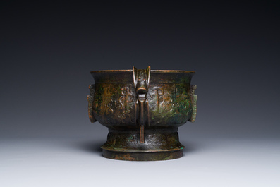 An unusual Chinese archaistic bronze censer with wooden cover, 'gui', Song