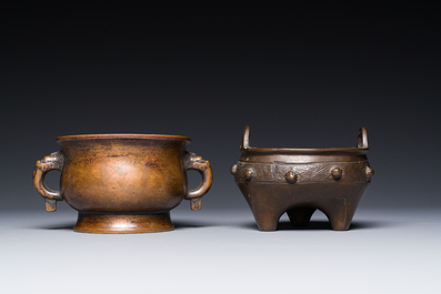 Two Chinese bronze censers, Xuande mark, Yuan/Ming
