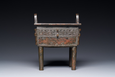 A Chinese Western Zhou-style rectangular bronze 'fangding' censer, Ming
