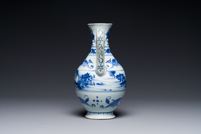 Een Chinese blauw-witte kan met landschapsdecor, Transitie periode