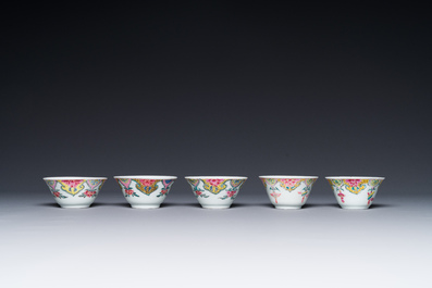 Five Chinese famille rose cups and six saucers with floral decor, Yongzheng/Qianlong