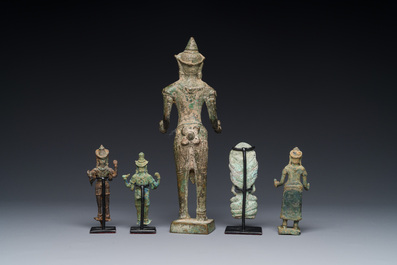 A group of five bronze figures of Shiva, Bodhisattva and Uma, Cambodia, 11/16th C.