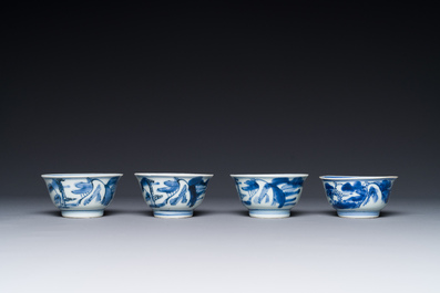 Seven Chinese blue and white cups and six saucers, Transitional period/early Kangxi