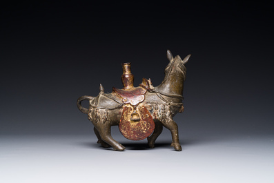 A rare Chinese partly lacquered and gilt bronze incense holder in the shape of a horse, Yuan/early Ming
