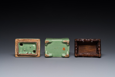 A Chinese Longquan celadon rectangular censer and cover on wooden stand, Ming