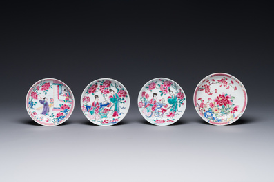 Three Chinese famille rose plates and ten saucers, Yongzheng/Qianlong