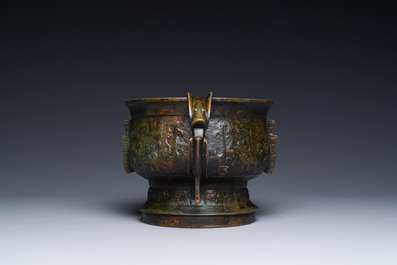 An unusual Chinese archaistic bronze censer with wooden cover, 'gui', Song