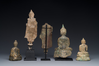 A group of five bronze figures of Buddha, Thailand and Indonesia, 8/17th C.