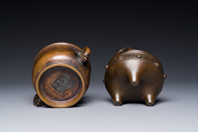 Two Chinese bronze censers, Xuande mark, Yuan/Ming