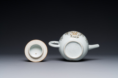 A Chinese monogrammed grisaille and gilt export porcelain teapot, Qianlong