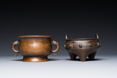 Two Chinese bronze censers, Xuande mark, Yuan/Ming