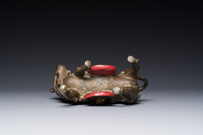 A rare Chinese partly lacquered and gilt bronze incense holder in the shape of a horse, Yuan/early Ming