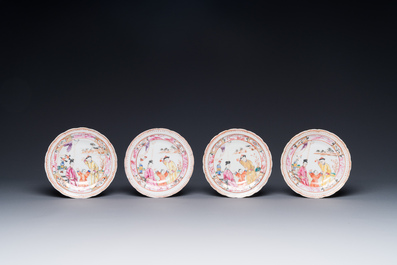 Zes Chinese Canton famille rose koppen en schotels en vier deksels met mandarijns decor, Qianlong