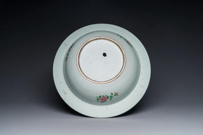 A large Chinese Canton famille rose 'Qi Lin Song Zi 麒麟送子' basin, 19th C.