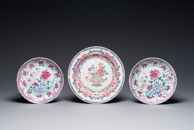 Three Chinese famille rose plates and ten saucers, Yongzheng/Qianlong