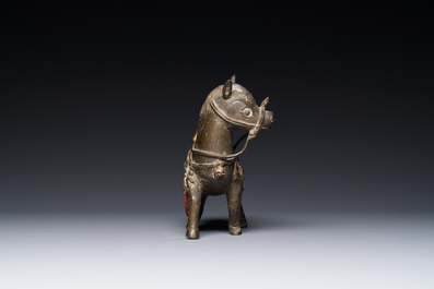 A rare Chinese partly lacquered and gilt bronze incense holder in the shape of a horse, Yuan/early Ming