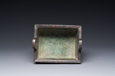 A Chinese Western Zhou-style rectangular bronze 'fangding' censer, Ming