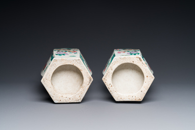 A pair of Chinese hexagonal famille rose vases, 19th C.