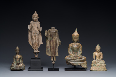 A group of five bronze figures of Buddha, Thailand and Indonesia, 8/17th C.