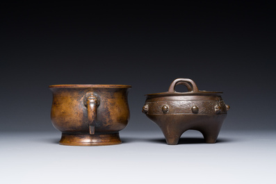 Two Chinese bronze censers, Xuande mark, Yuan/Ming