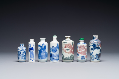 Seven Chinese blue, white and copper-red snuff bottles, Yongle and Yongzheng mark, 19th C.