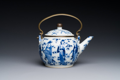 A Chinese blue and white 'Eight Immortals' teapot with bronze mounts for the Thai market, Yong Mao Yuan Ji 永茂源記 mark, 19th C.