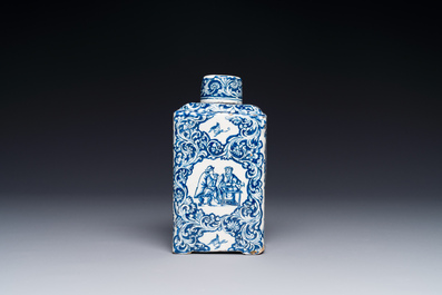 A rectangular Dutch Delft blue and white teacaddy and cover, 18th C.