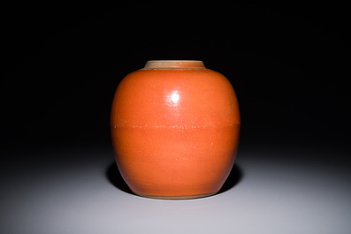 A Chinese monochrome coral-red-glazed ginger jar with wooden cover, 18th C.