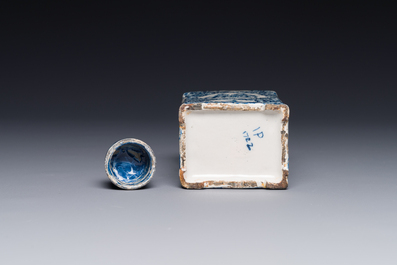 A rectangular Dutch Delft blue and white teacaddy and cover, 18th C.