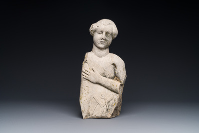 A stone sculpture of a man with the Freemasonry logo, probably France, 18th C.