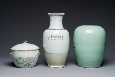 A Chinese famille rose covered bowl, a vase and a blue and white celadon-ground jar, 19/20th C.