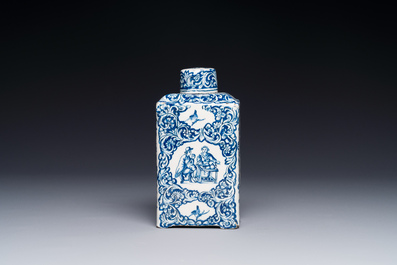 A rectangular Dutch Delft blue and white teacaddy and cover, 18th C.