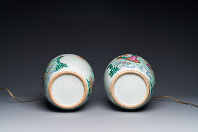 A pair of Chinese famille rose 'Eight Immortals' jars mounted as lamps, 19th C.