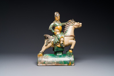 A Chinese sancai roof tile in the shape of a warrior on horseback, Ming